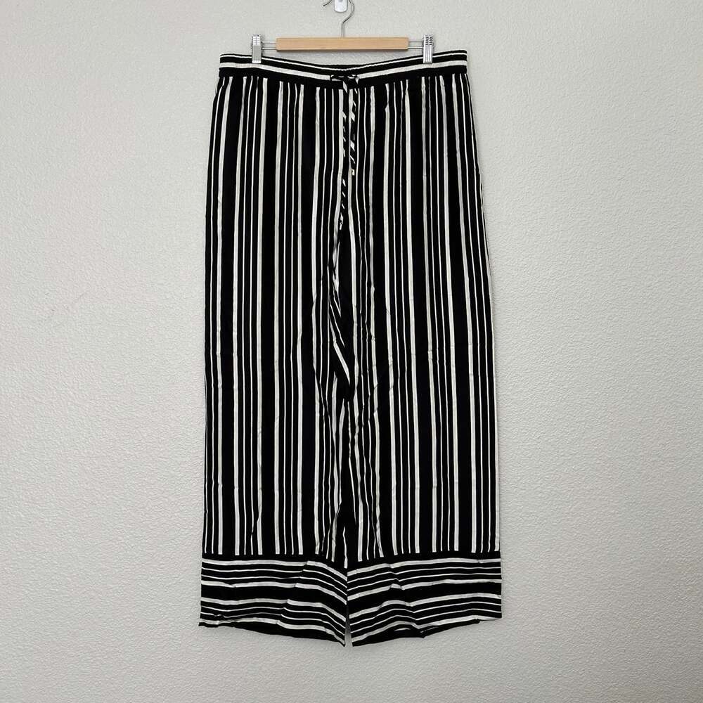 Trina Turk Satin Wide Leg Striped Drawstring Pants Black & White Size XL